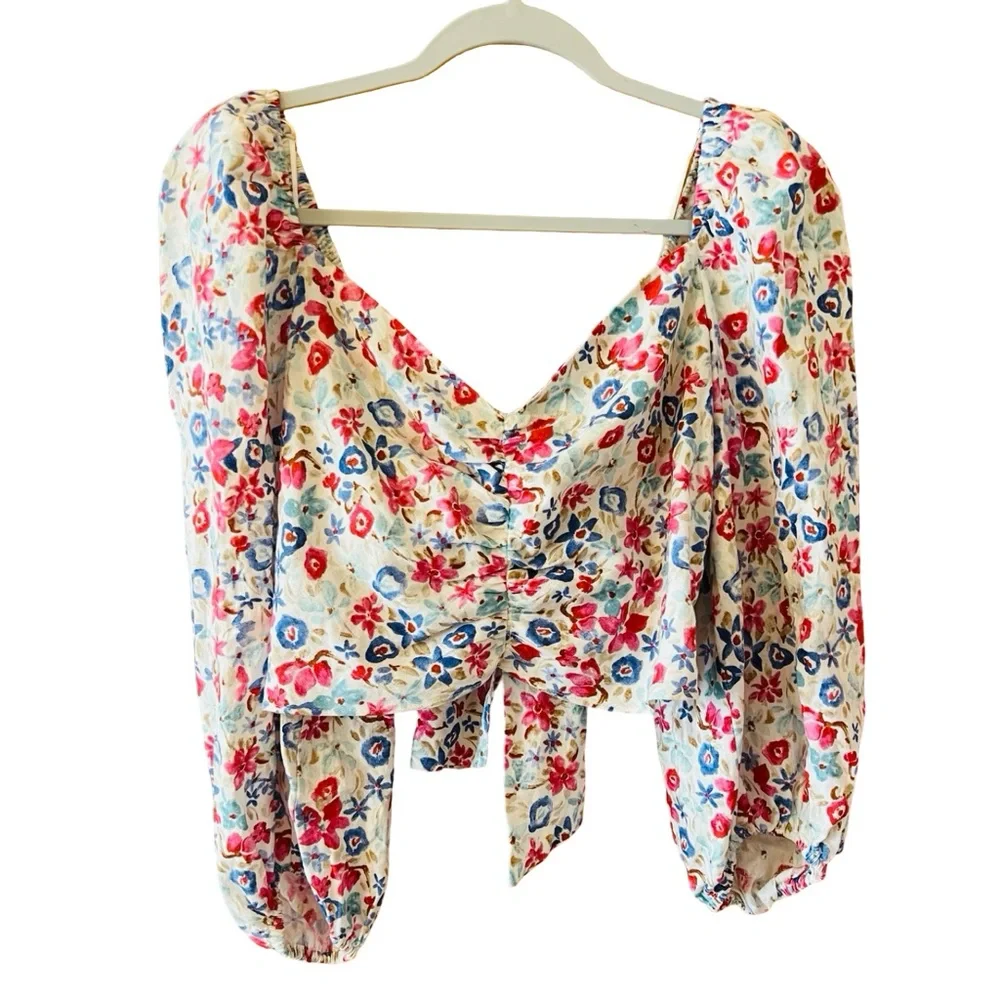 Zara Floral Linen Blend Tie Back Puff Sleeve Crop Blouse
